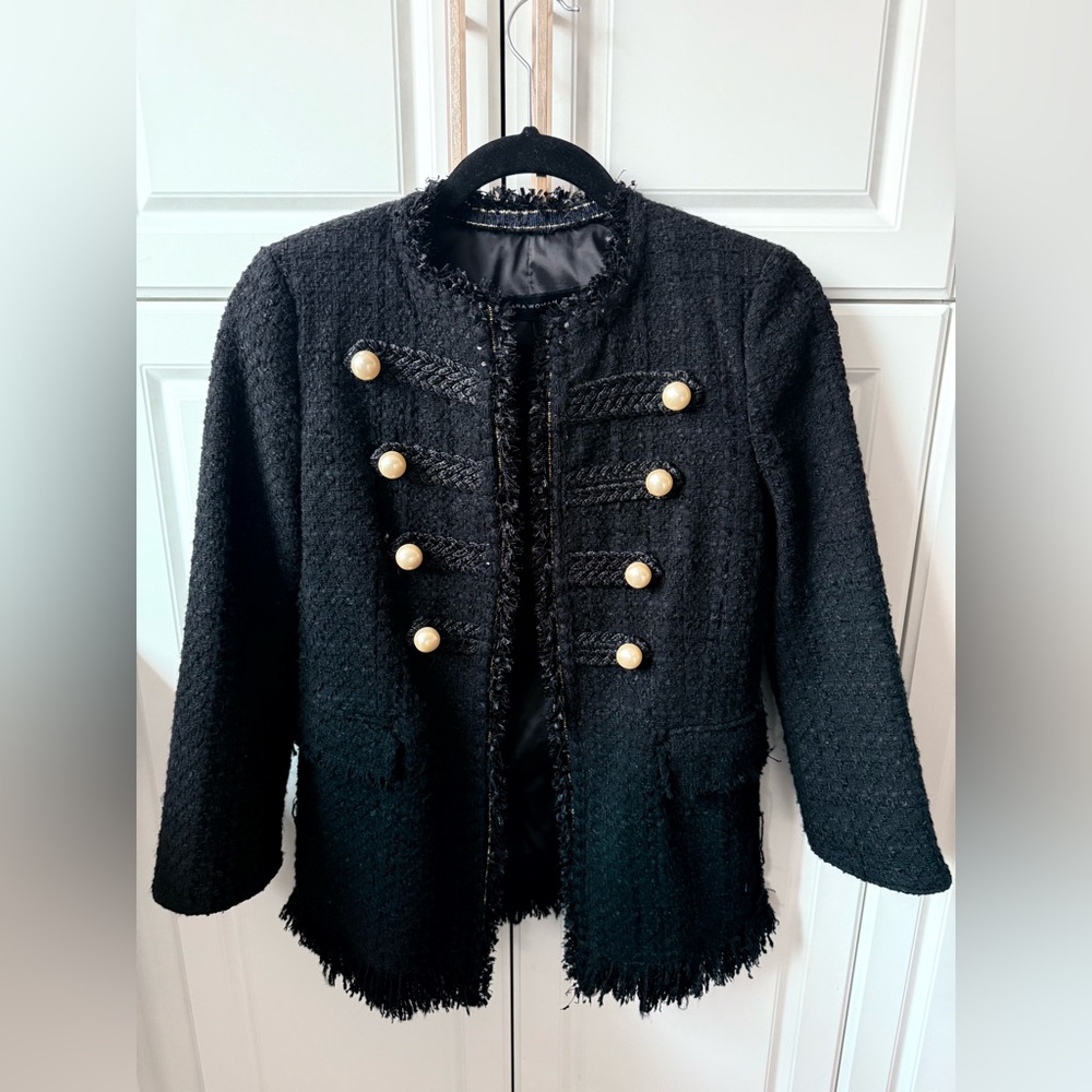 SOLD - ZARA - fringe twill blazer with pearl details - XS
